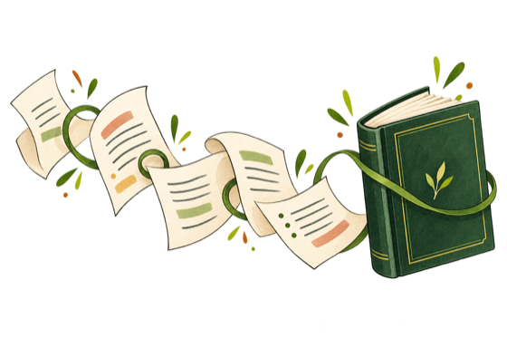 Flowing manuscript pages becoming one finished green book