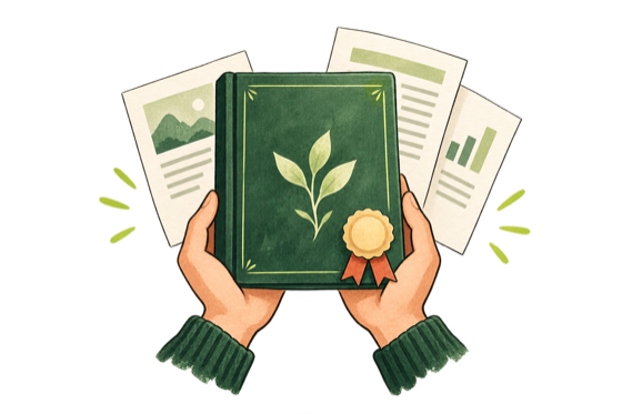 Hands presenting a finished green ebook with export pages