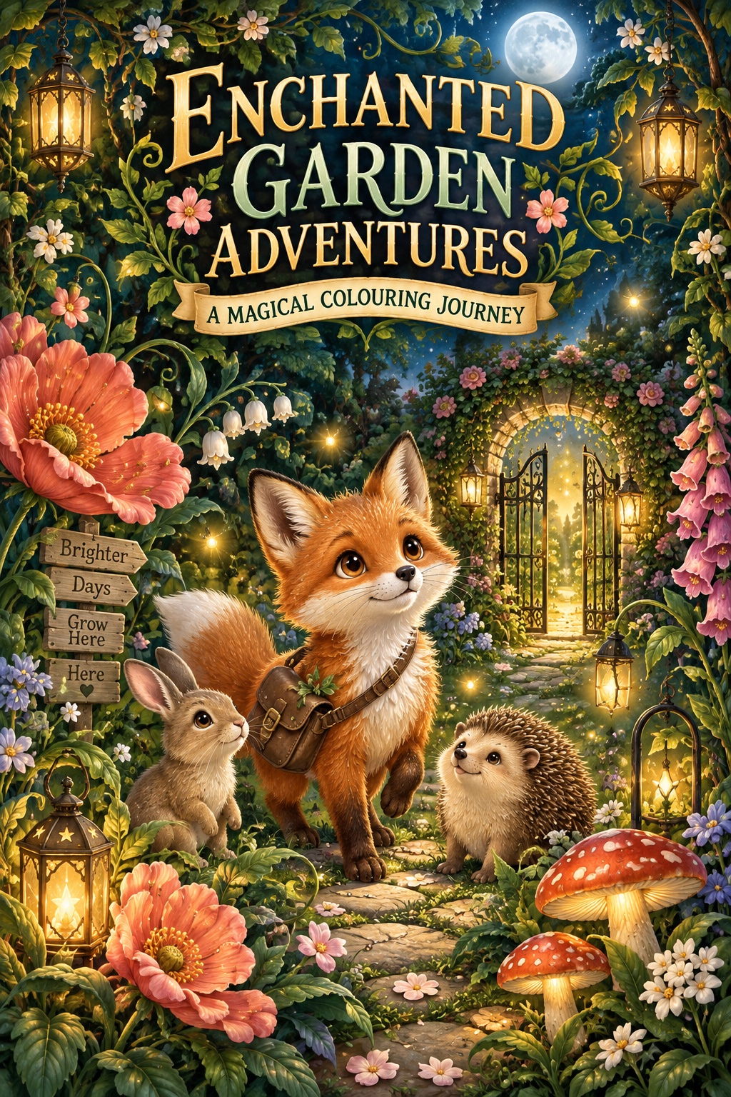 Illustrated front cover for Enchanted Garden Adventures featuring a fox, rabbit and hedgehog in a glowing magical garden